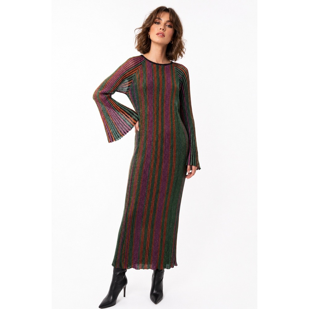 FRNCH Paris Lova Dress Green Purple‎ Orange Metallic Striped Knit Midi Large NWT